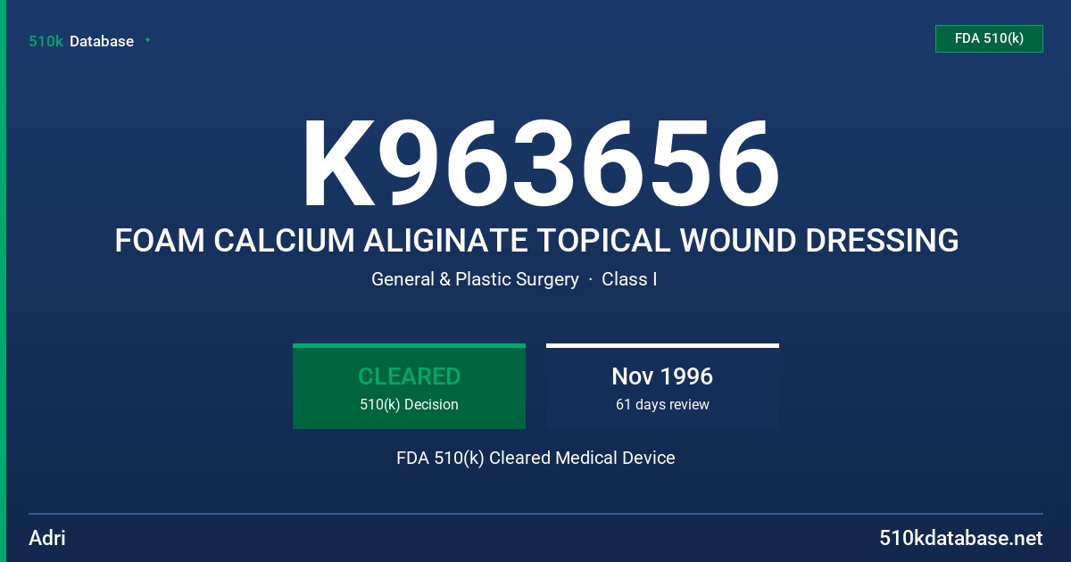 K963656 FOAM CALCIUM ALIGINATE TOPICAL WOUND DRESSING FDA 510(k) Cleared Medical Device