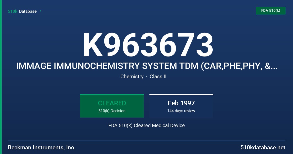 K963673 IMMAGE IMMUNOCHEMISTRY SYSTEM TDM (CAR,PHE,PHY, & THE) REAGENTS FDA 510(k) Cleared Medical Device