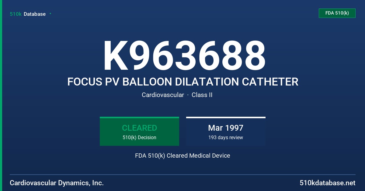 K963688 FOCUS PV BALLOON DILATATION CATHETER FDA 510(k) Cleared Medical Device