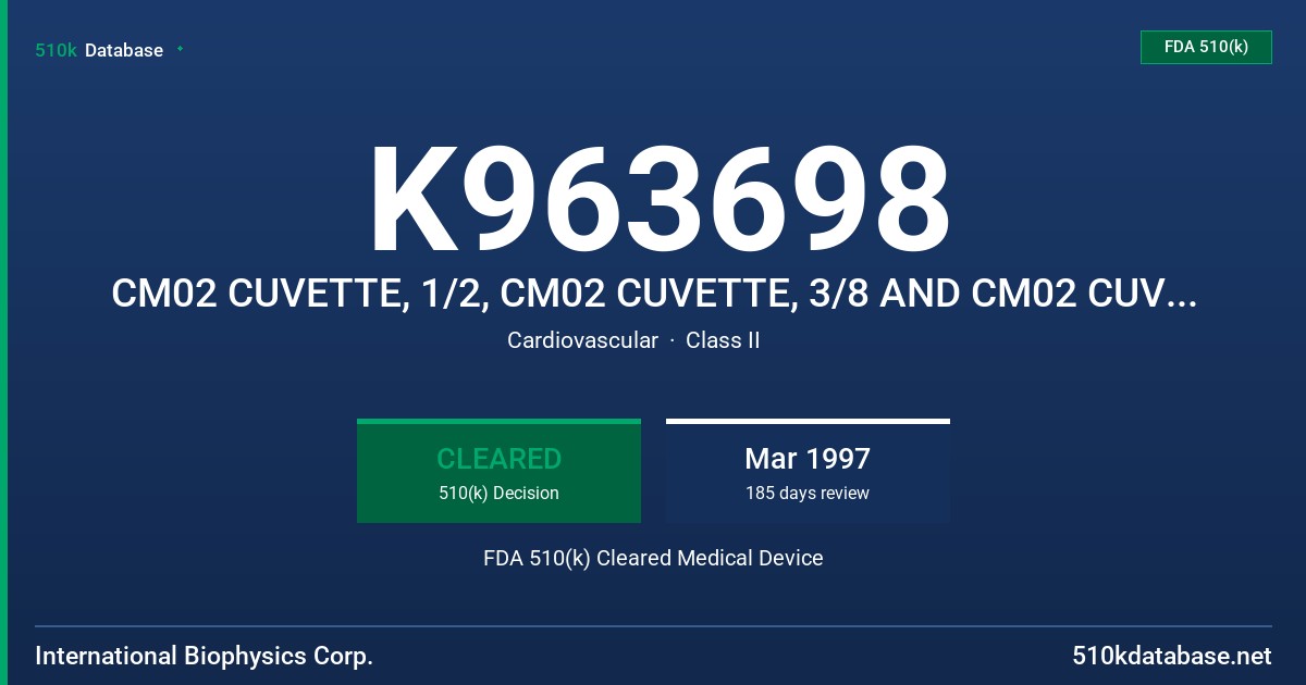 K963698 CM02 CUVETTE, 1/2, CM02 CUVETTE, 3/8 AND CM02 CUVETTE, 1/4 FDA 510(k) Cleared Medical Device