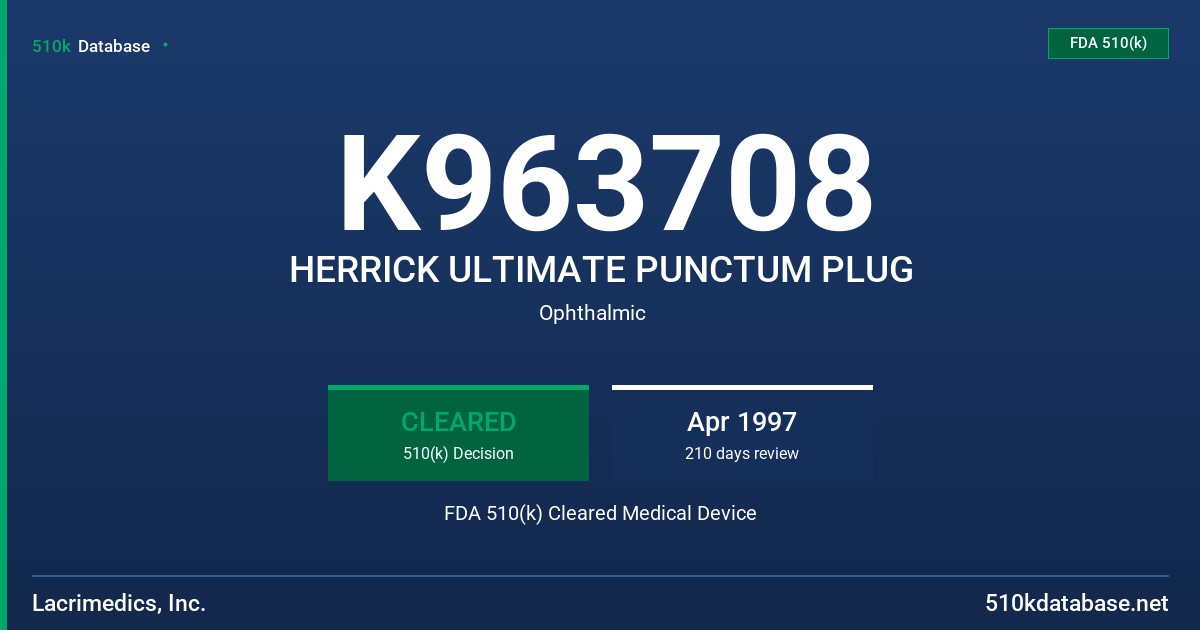 K963708 HERRICK ULTIMATE PUNCTUM PLUG FDA 510(k) Cleared Medical Device