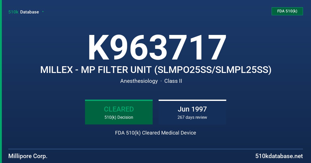 K963717 MILLEX - MP FILTER UNIT (SLMPO25SS/SLMPL25SS) FDA 510(k) Cleared Medical Device