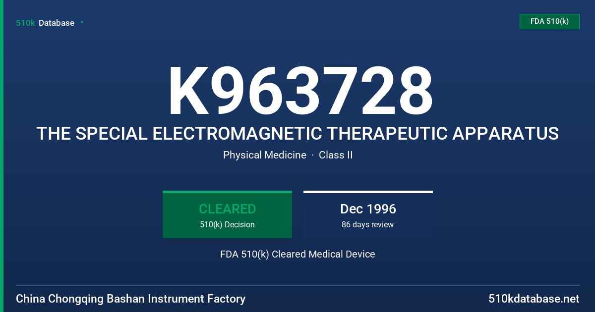 K963728 THE SPECIAL ELECTROMAGNETIC THERAPEUTIC APPARATUS FDA 510(k) Cleared Medical Device