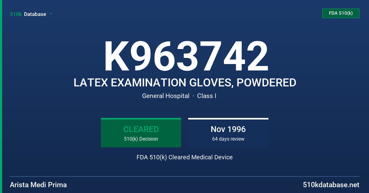 K963742 LATEX EXAMINATION GLOVES, POWDERED FDA 510(k) Cleared Medical Device