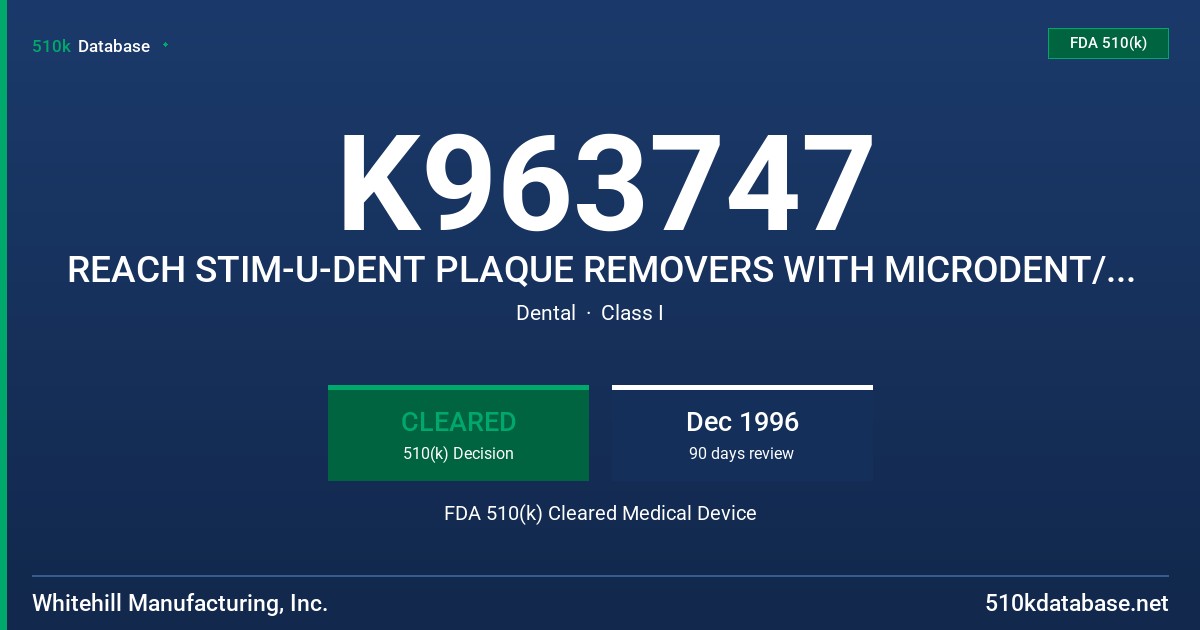 K963747 REACH STIM-U-DENT PLAQUE REMOVERS WITH MICRODENT/REACH FLOSS STIKS WITH MICRODENT/REACH FLOSS PICS WITH MICRODENT ETC. FDA 510(k) Cleared Medical Device