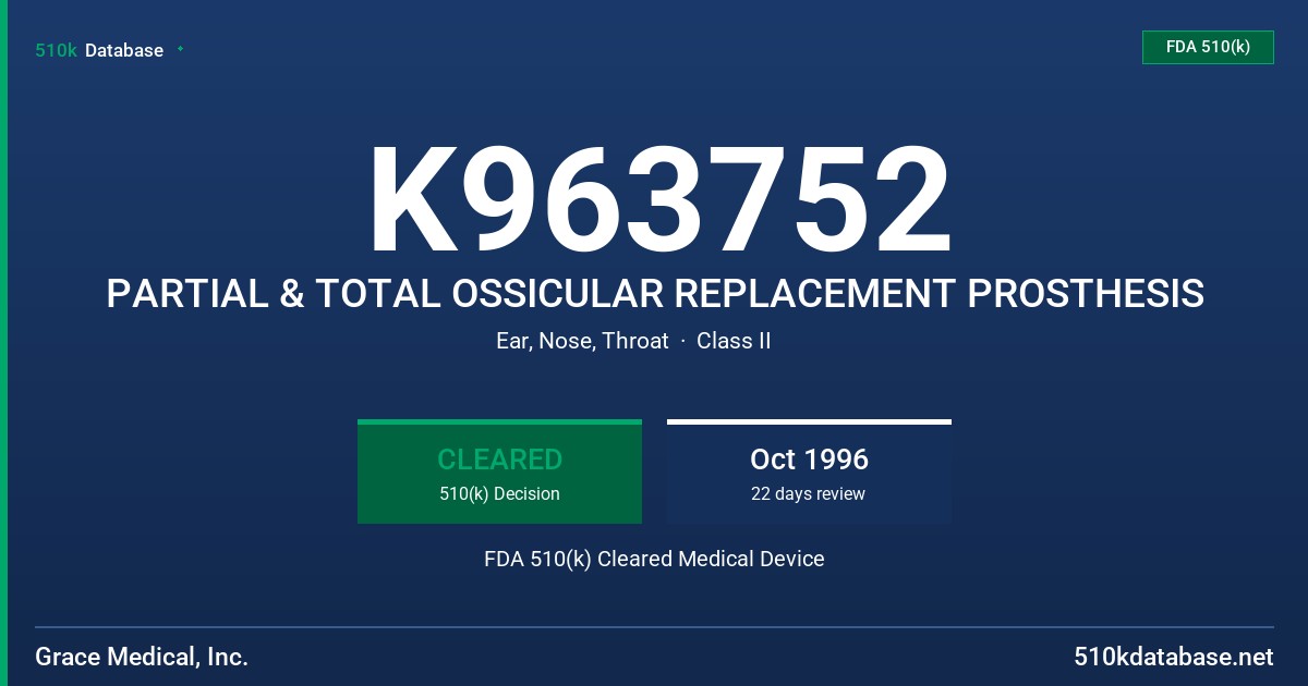 K963752 PARTIAL & TOTAL OSSICULAR REPLACEMENT PROSTHESIS FDA 510(k) Cleared Medical Device