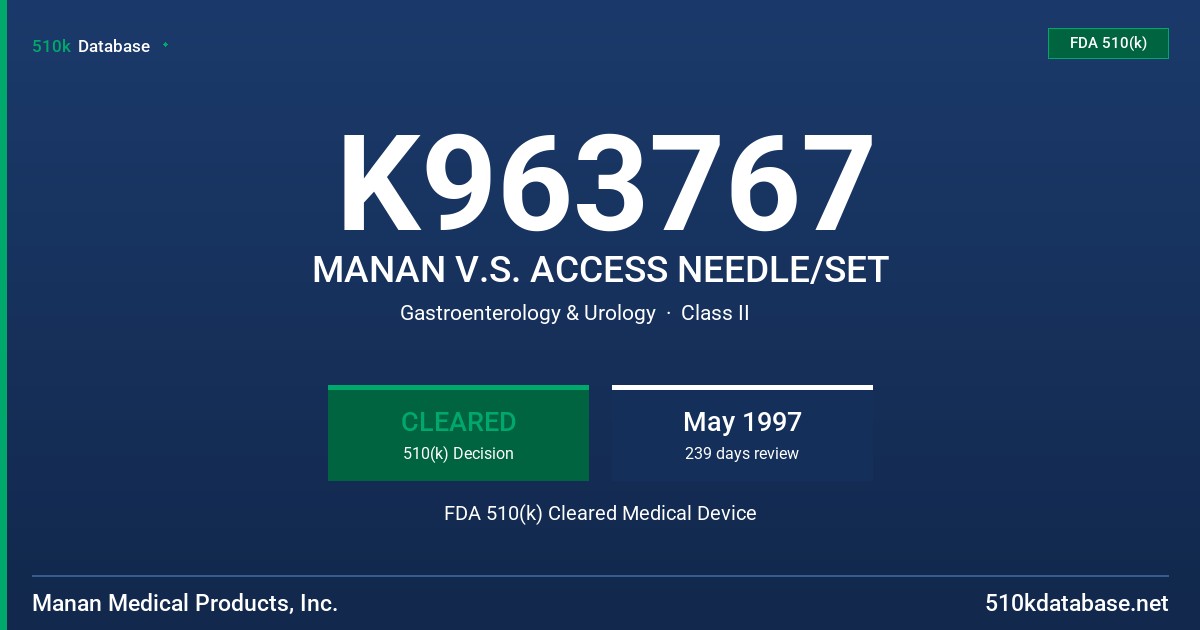 K963767 MANAN V.S. ACCESS NEEDLE/SET FDA 510(k) Cleared Medical Device