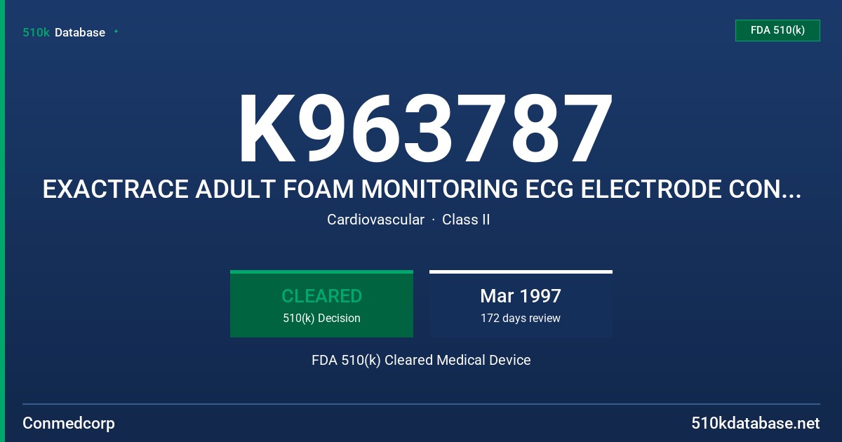 K963787 EXACTRACE ADULT FOAM MONITORING ECG ELECTRODE CONMED MODEL 1510 AND INSTATRACE ADULT DIAPHORETIC FOAM ECG ELECTRODE CONM FDA 510(k) Cleared Medical Device