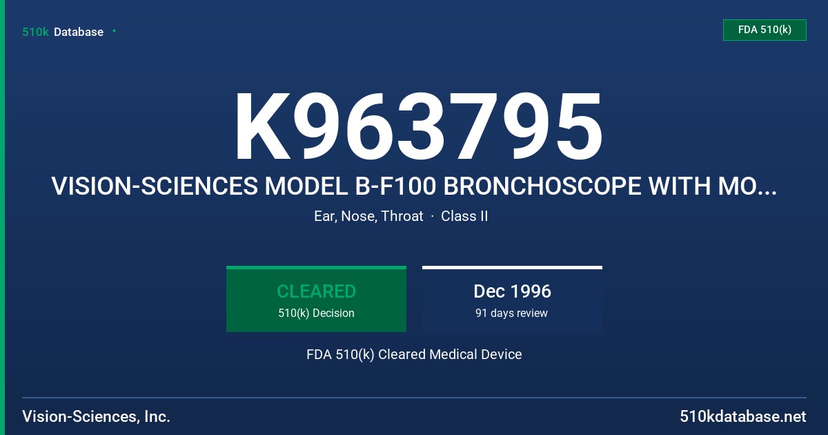 K963795 VISION-SCIENCES MODEL B-F100 BRONCHOSCOPE WITH MODEL BS-F21 DISPOSABLE ENDOSHEATH FDA 510(k) Cleared Medical Device