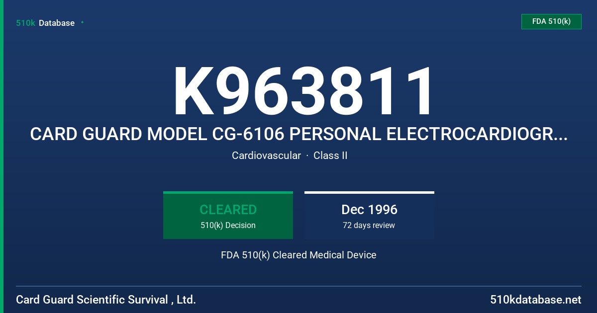 K963811 CARD GUARD MODEL CG-6106 PERSONAL ELECTROCARDIOGRAM (ECG) TRANSMITTER DEVICE FDA 510(k) Cleared Medical Device