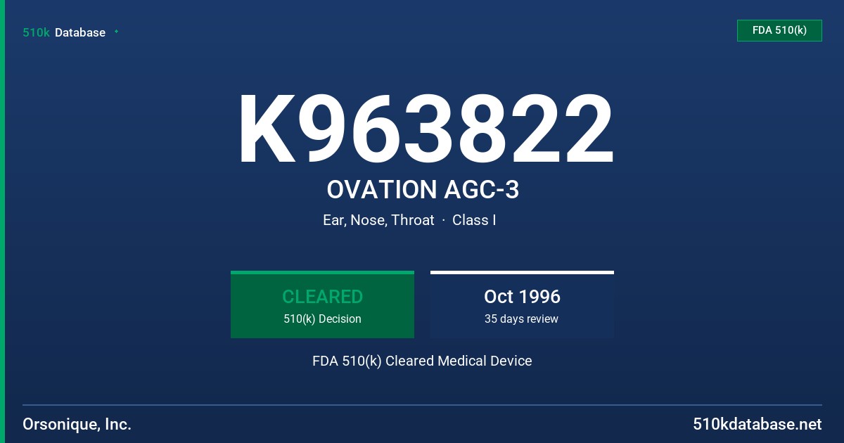 K963822 OVATION AGC-3 FDA 510(k) Cleared Medical Device