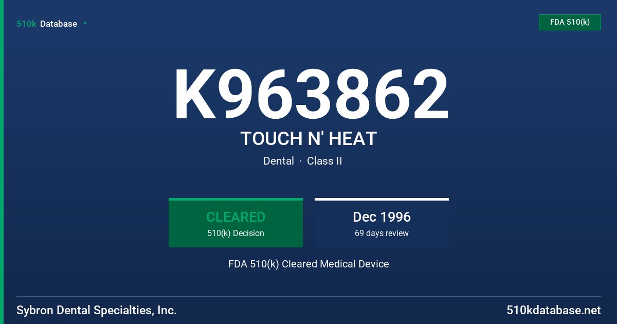 K963862 TOUCH N' HEAT FDA 510(k) Cleared Medical Device