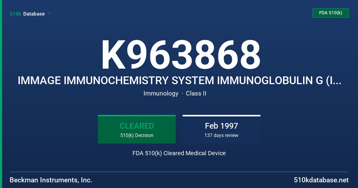 K963868 IMMAGE IMMUNOCHEMISTRY SYSTEM IMMUNOGLOBULIN G (IGG), A (IGA) AND M (IGM) FDA 510(k) Cleared Medical Device
