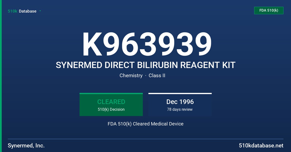 K963939 SYNERMED DIRECT BILIRUBIN REAGENT KIT FDA 510(k) Cleared Medical Device