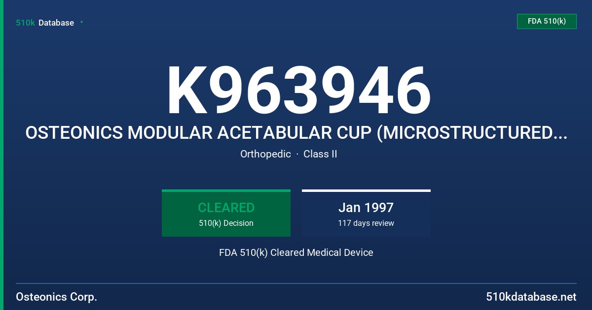 K963946 OSTEONICS MODULAR ACETABULAR CUP (MICROSTRUCTURED VERSION) FDA 510(k) Cleared Medical Device