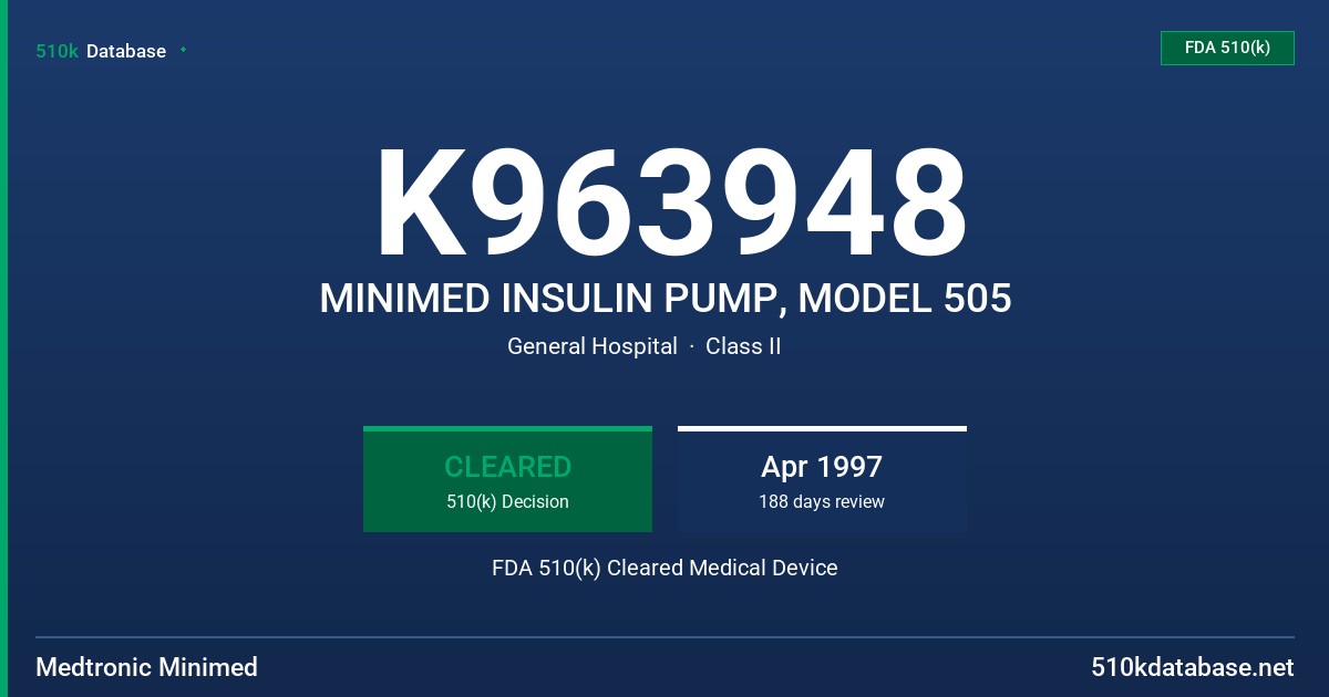 K963948 MINIMED INSULIN PUMP, MODEL 505 FDA 510(k) Cleared Medical Device