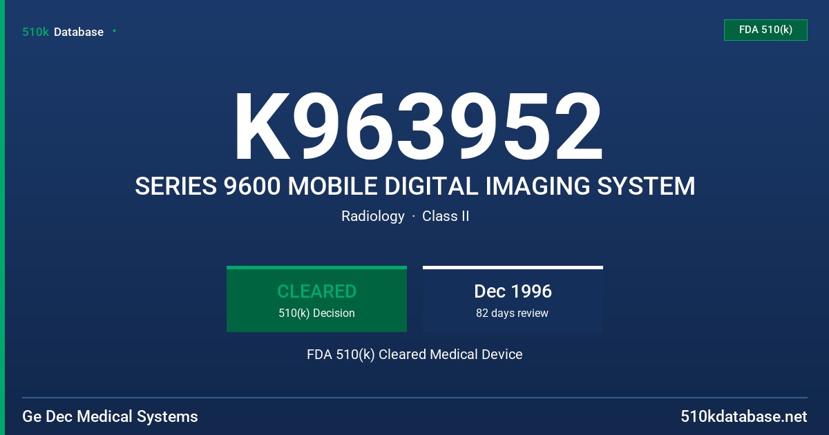K963952 SERIES 9600 MOBILE DIGITAL IMAGING SYSTEM FDA 510(k) Cleared Medical Device