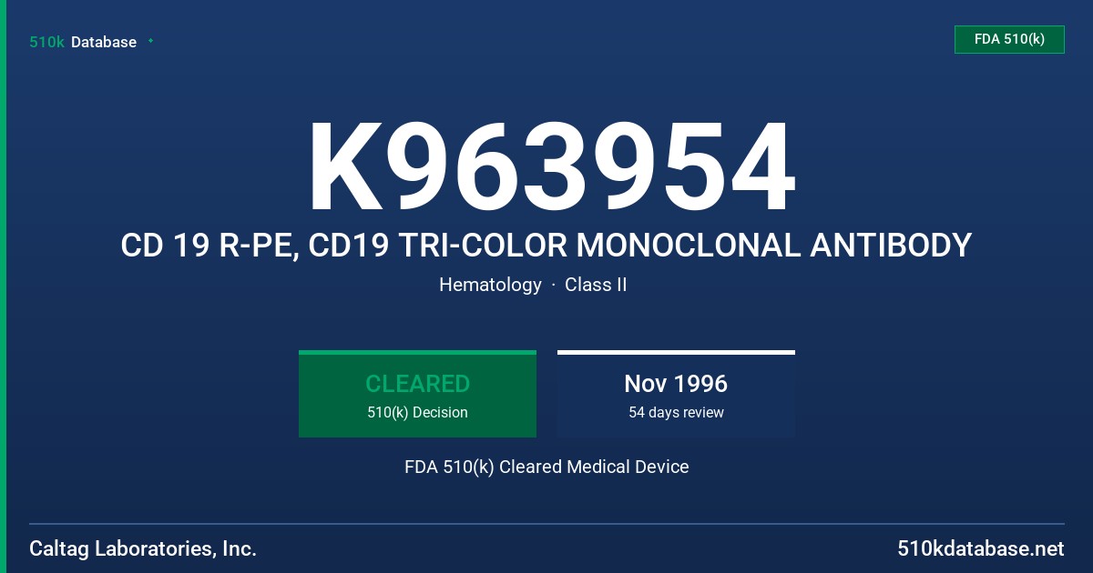 K963954 CD 19 R-PE, CD19 TRI-COLOR MONOCLONAL ANTIBODY FDA 510(k) Cleared Medical Device