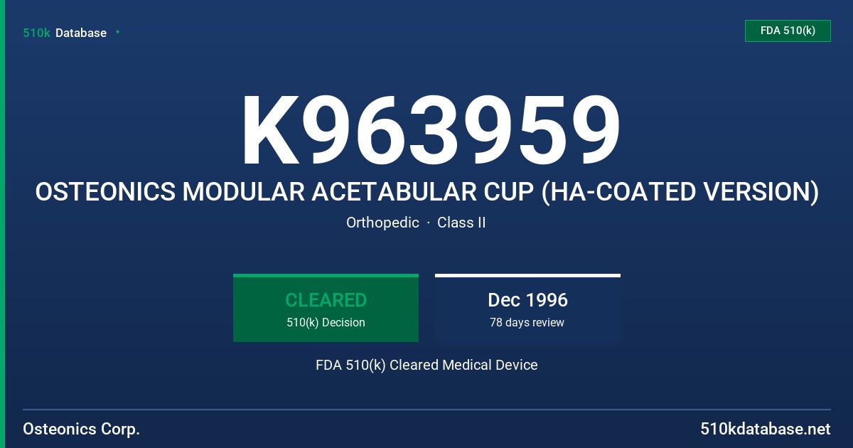 K963959 OSTEONICS MODULAR ACETABULAR CUP (HA-COATED VERSION) FDA 510(k) Cleared Medical Device