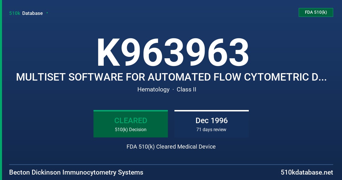 K963963 MULTISET SOFTWARE FOR AUTOMATED FLOW CYTOMETRIC DATA ANALYSIS FDA 510(k) Cleared Medical Device