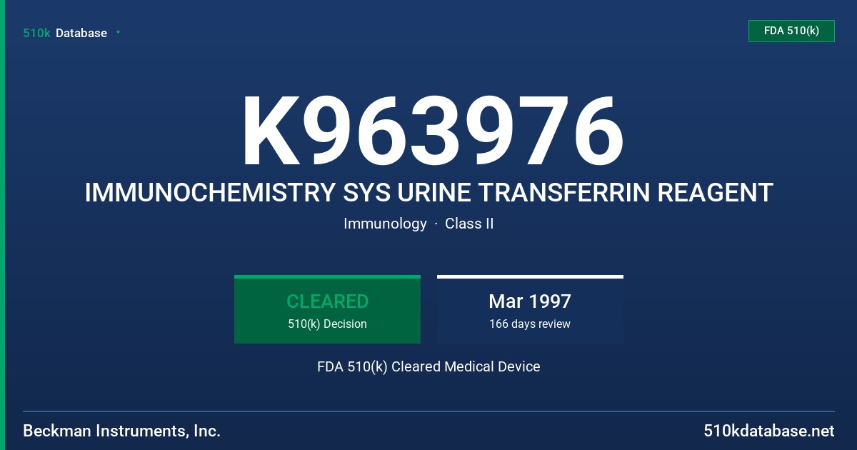K963976 IMMUNOCHEMISTRY SYS URINE TRANSFERRIN REAGENT FDA 510(k) Cleared Medical Device