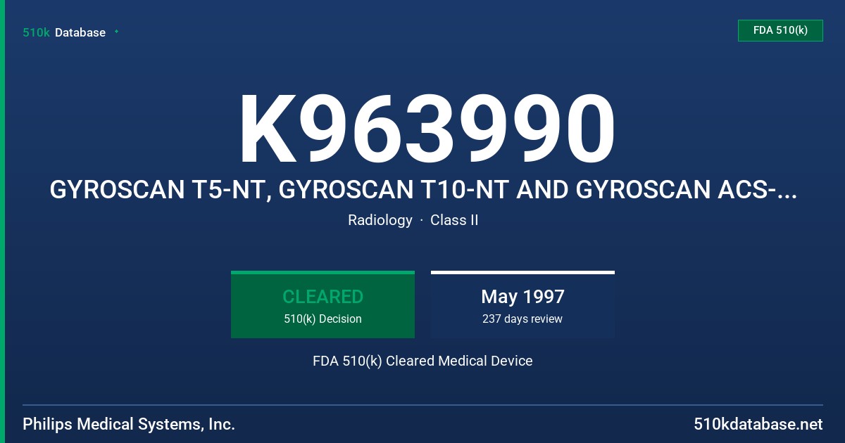 K963990 GYROSCAN T5-NT, GYROSCAN T10-NT AND GYROSCAN ACS-NT RELEASE 5 SERIES FDA 510(k) Cleared Medical Device