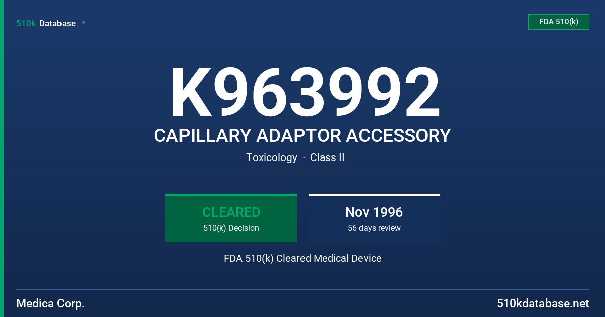 K963992 CAPILLARY ADAPTOR ACCESSORY FDA 510(k) Cleared Medical Device