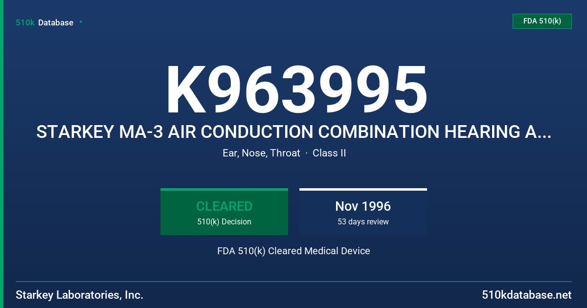 K963995 STARKEY MA-3 AIR CONDUCTION COMBINATION HEARING AID/TINNITUS MASKER FDA 510(k) Cleared Medical Device