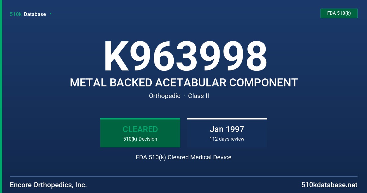 K963998 METAL BACKED ACETABULAR COMPONENT FDA 510(k) Cleared Medical Device