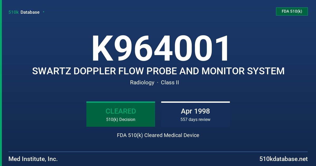K964001 SWARTZ DOPPLER FLOW PROBE AND MONITOR SYSTEM FDA 510(k) Cleared Medical Device