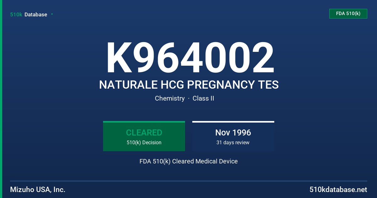 K964002 NATURALE HCG PREGNANCY TES FDA 510(k) Cleared Medical Device