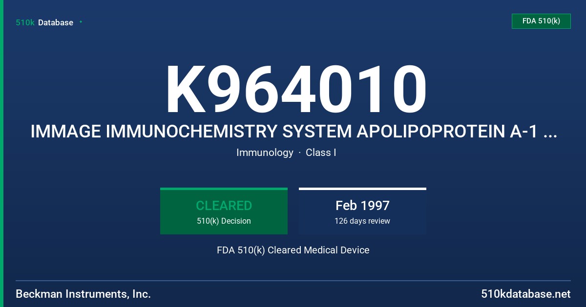 K964010 IMMAGE IMMUNOCHEMISTRY SYSTEM APOLIPOPROTEIN A-1 REAGENT (APA)/ IMMAGE IMMUNOCHEMISTRY SYSTEM APOLIPOPROTEIN B REAGENT FDA 510(k) Cleared Medical Device