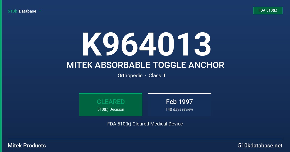 K964013 MITEK ABSORBABLE TOGGLE ANCHOR FDA 510(k) Cleared Medical Device