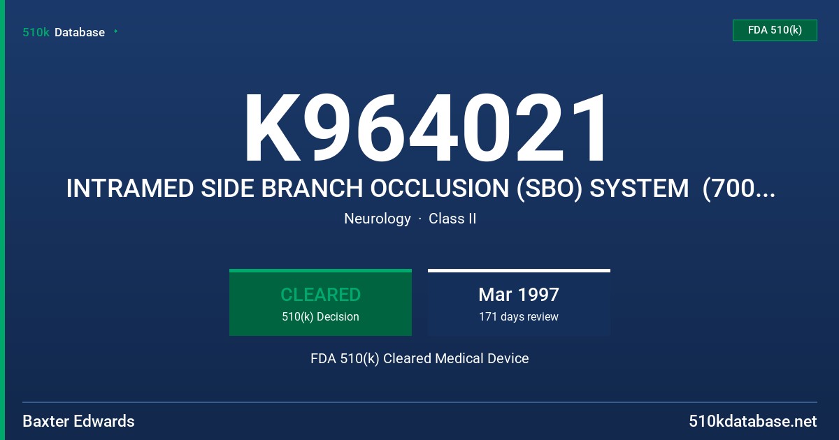 K964021 INTRAMED SIDE BRANCH OCCLUSION (SBO) SYSTEM  (700095 AND 700099) FDA 510(k) Cleared Medical Device