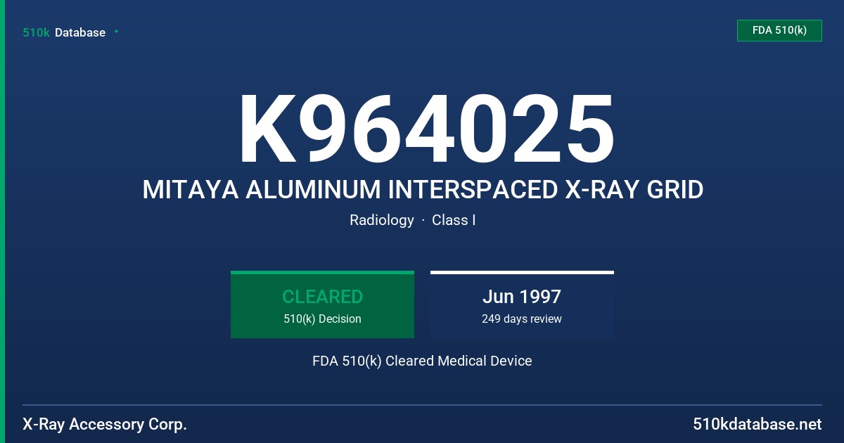 K964025 MITAYA ALUMINUM INTERSPACED X-RAY GRID FDA 510(k) Cleared Medical Device