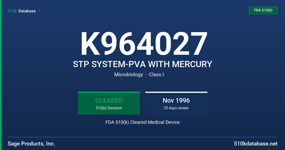 K964027 STP SYSTEM-PVA WITH MERCURY FDA 510(k) Cleared Medical Device