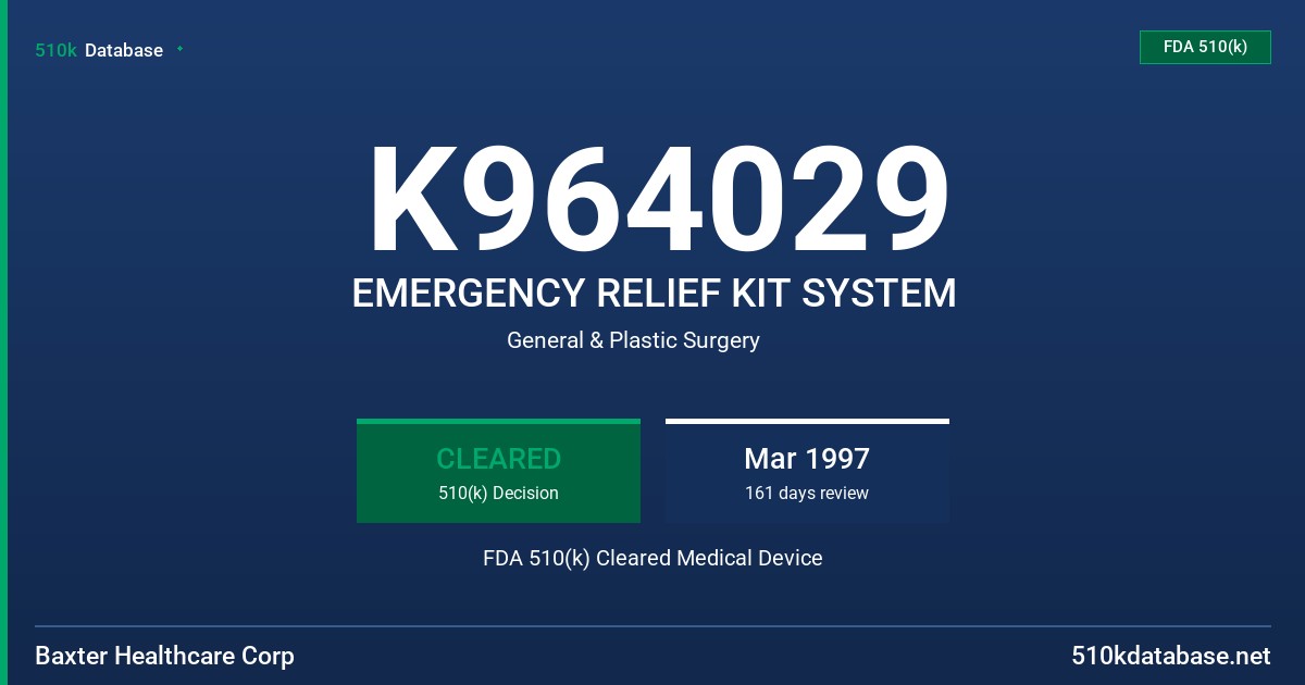 K964029 EMERGENCY RELIEF KIT SYSTEM FDA 510(k) Cleared Medical Device