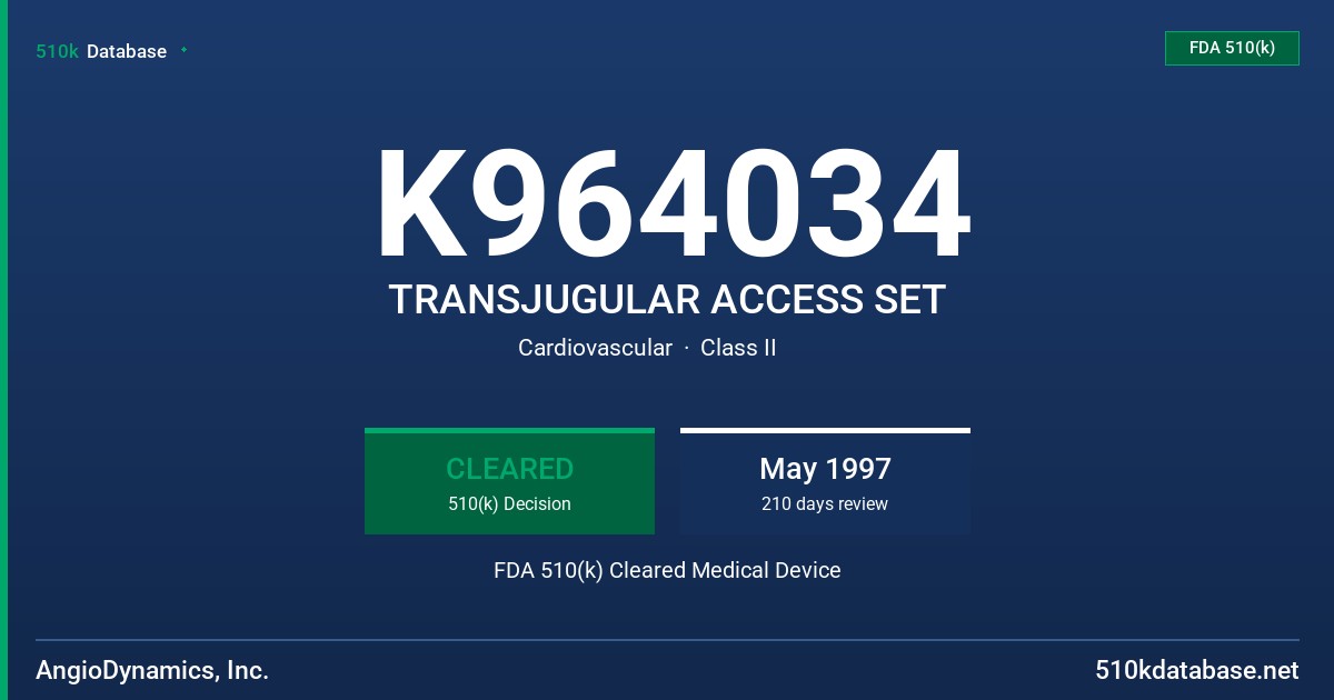 K964034 TRANSJUGULAR ACCESS SET FDA 510(k) Cleared Medical Device