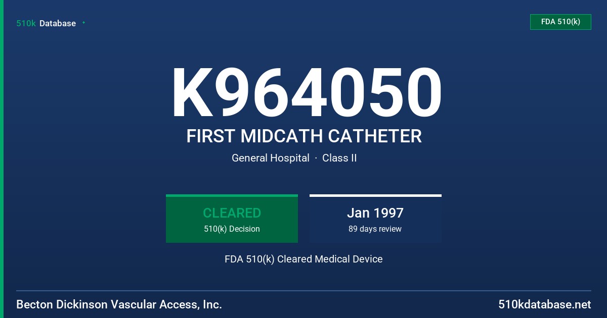 K964050 FIRST MIDCATH CATHETER FDA 510(k) Cleared Medical Device