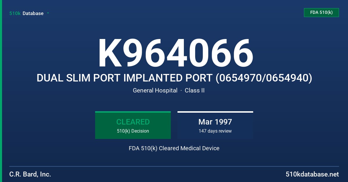 K964066 DUAL SLIM PORT IMPLANTED PORT (0654970/0654940) FDA 510(k) Cleared Medical Device