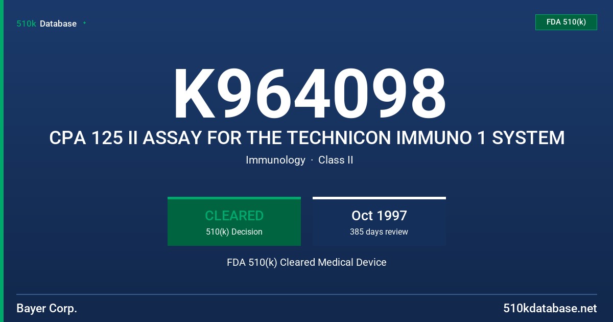 K964098 CPA 125 II ASSAY FOR THE TECHNICON IMMUNO 1 SYSTEM FDA 510(k) Cleared Medical Device