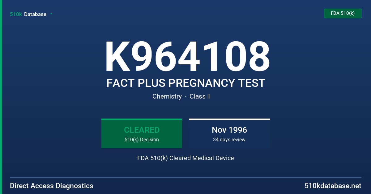 K964108 FACT PLUS PREGNANCY TEST FDA 510(k) Cleared Medical Device