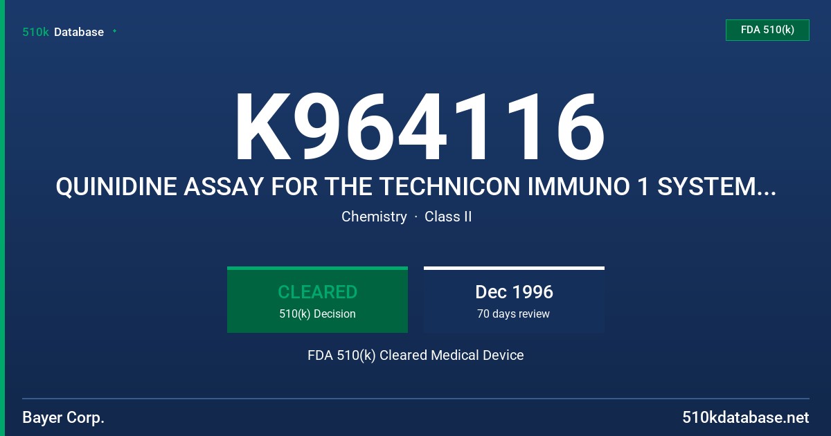 K964116 QUINIDINE ASSAY FOR THE TECHNICON IMMUNO 1 SYSTEM (IN VITRO DIAGNOSTIC SYSTEM) FDA 510(k) Cleared Medical Device