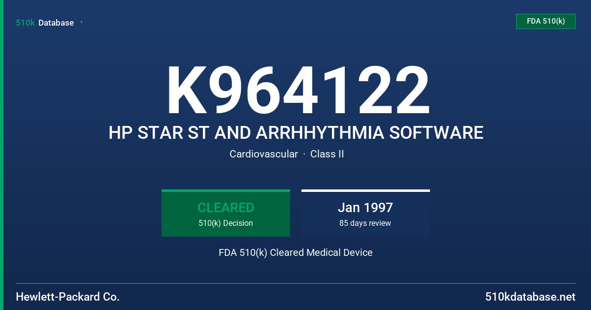K964122 HP STAR ST AND ARRHHYTHMIA SOFTWARE FDA 510(k) Cleared Medical Device