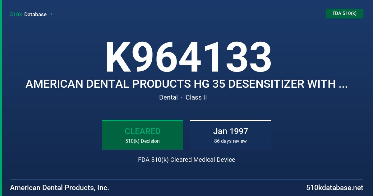 K964133 AMERICAN DENTAL PRODUCTS HG 35 DESENSITIZER WITH FLUORIDE FDA 510(k) Cleared Medical Device