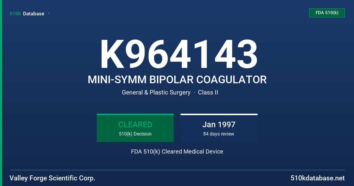 K964143 MINI-SYMM BIPOLAR COAGULATOR FDA 510(k) Cleared Medical Device