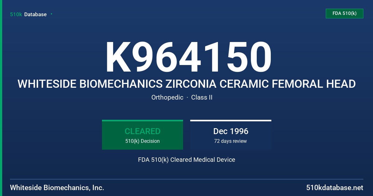 K964150 WHITESIDE BIOMECHANICS ZIRCONIA CERAMIC FEMORAL HEAD FDA 510(k) Cleared Medical Device