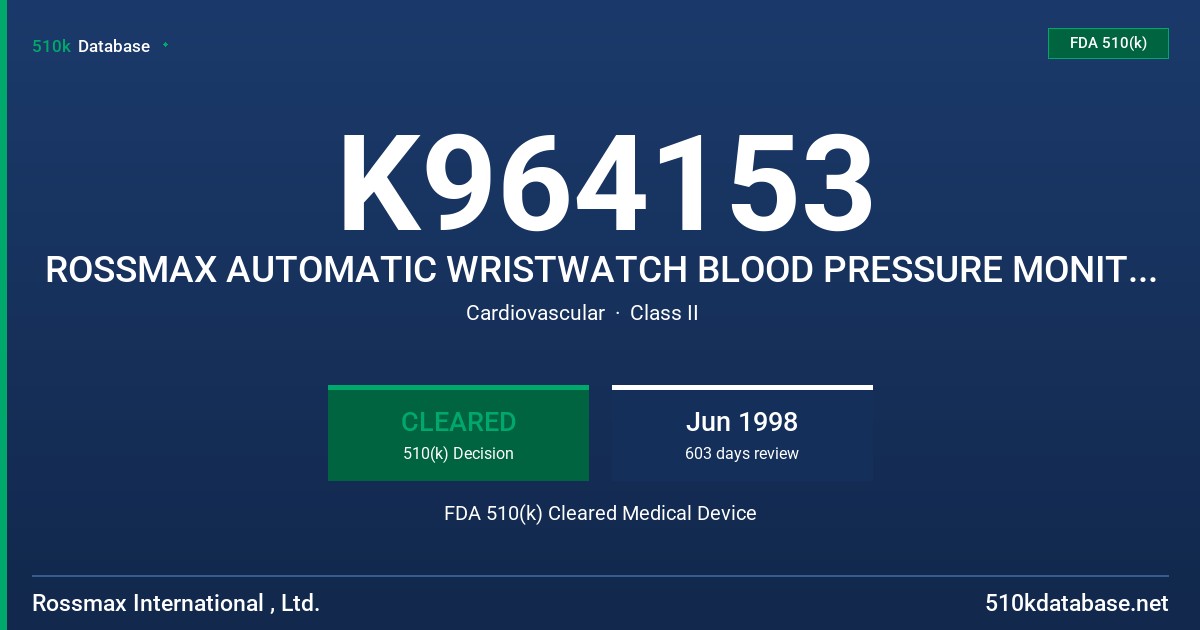 K964153 ROSSMAX AUTOMATIC WRISTWATCH BLOOD PRESSURE MONITOR, MODEL RM-4000 FDA 510(k) Cleared Medical Device