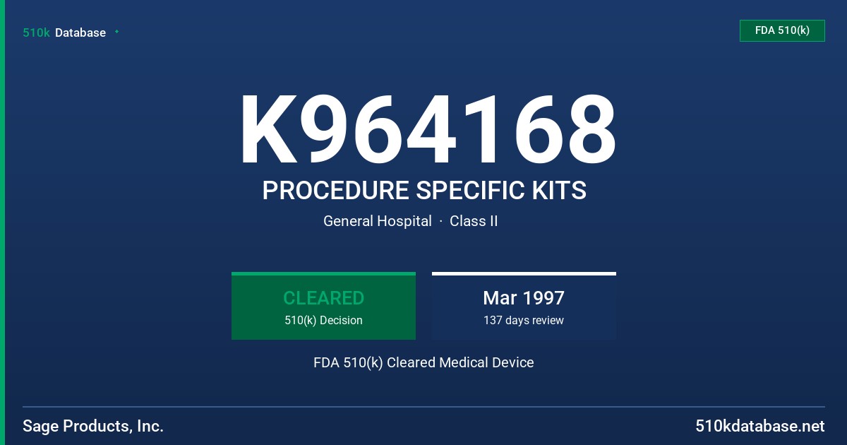 K964168 PROCEDURE SPECIFIC KITS FDA 510(k) Cleared Medical Device