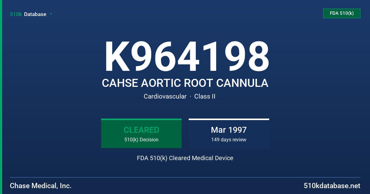 K964198 CAHSE AORTIC ROOT CANNULA FDA 510(k) Cleared Medical Device